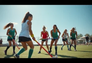 Young female athletes practicing field hockey