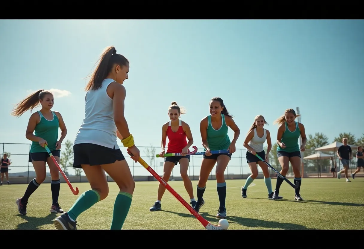 Young female athletes practicing field hockey