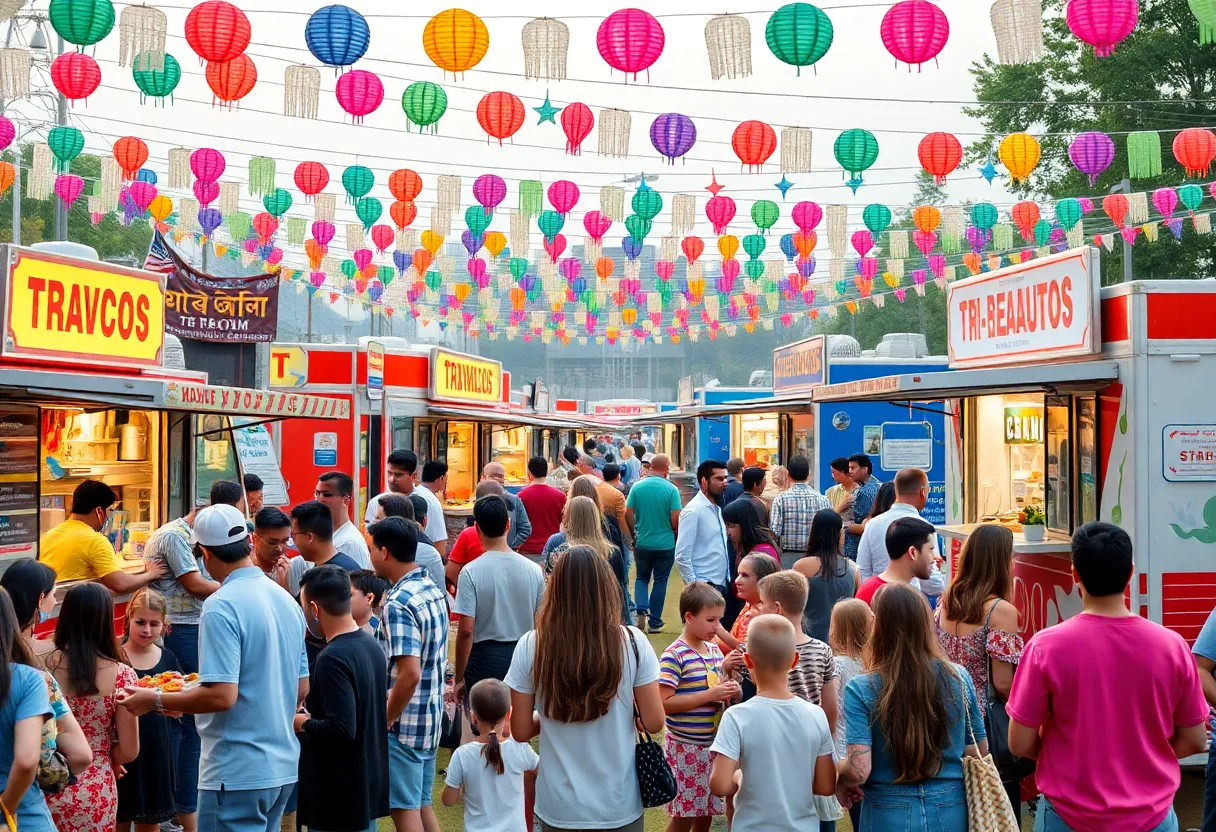 Food trucks serving a variety of cuisines at an outdoor celebration.