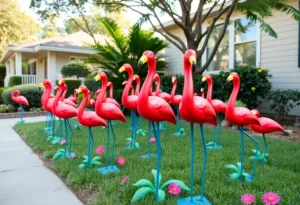 Colorful flamingos in a yard representing the Glamour Flocks initiative.