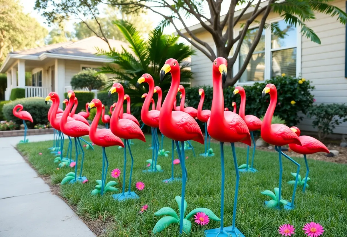 Colorful flamingos in a yard representing the Glamour Flocks initiative.