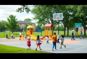 Families enjoying the newly renovated Highland Park Community Park