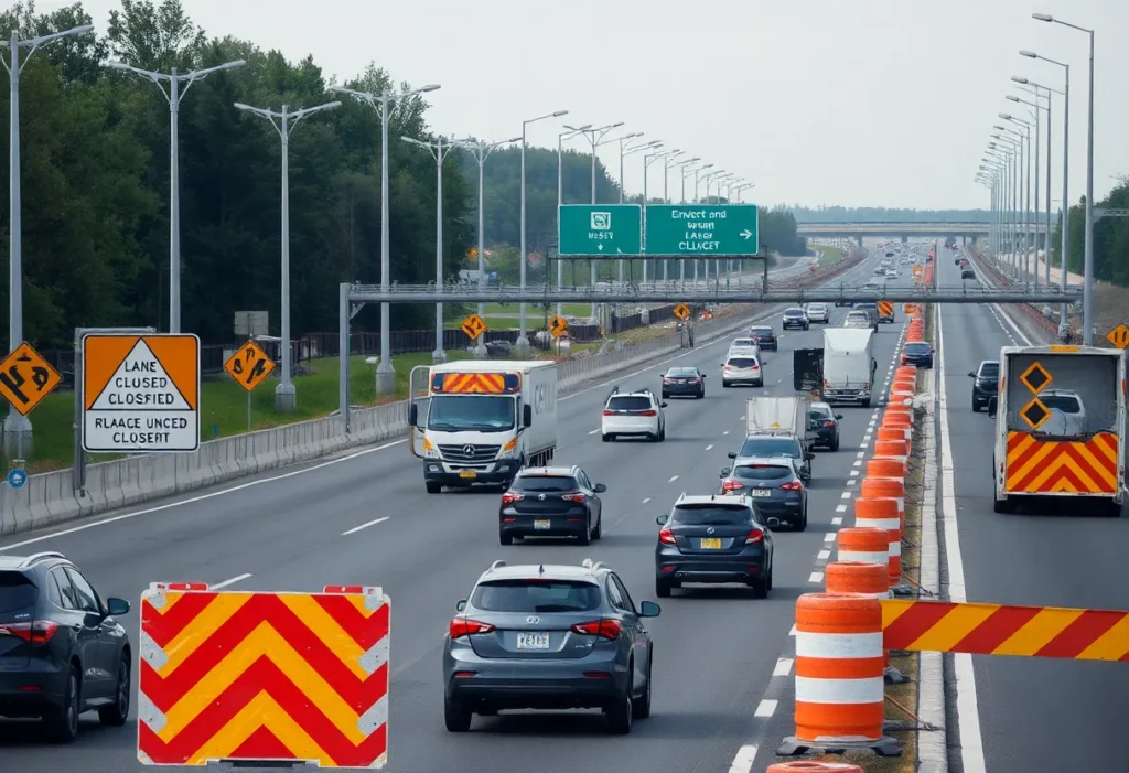 I-64 with lane closures and construction activity