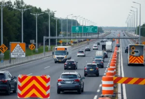 I-64 with lane closures and construction activity