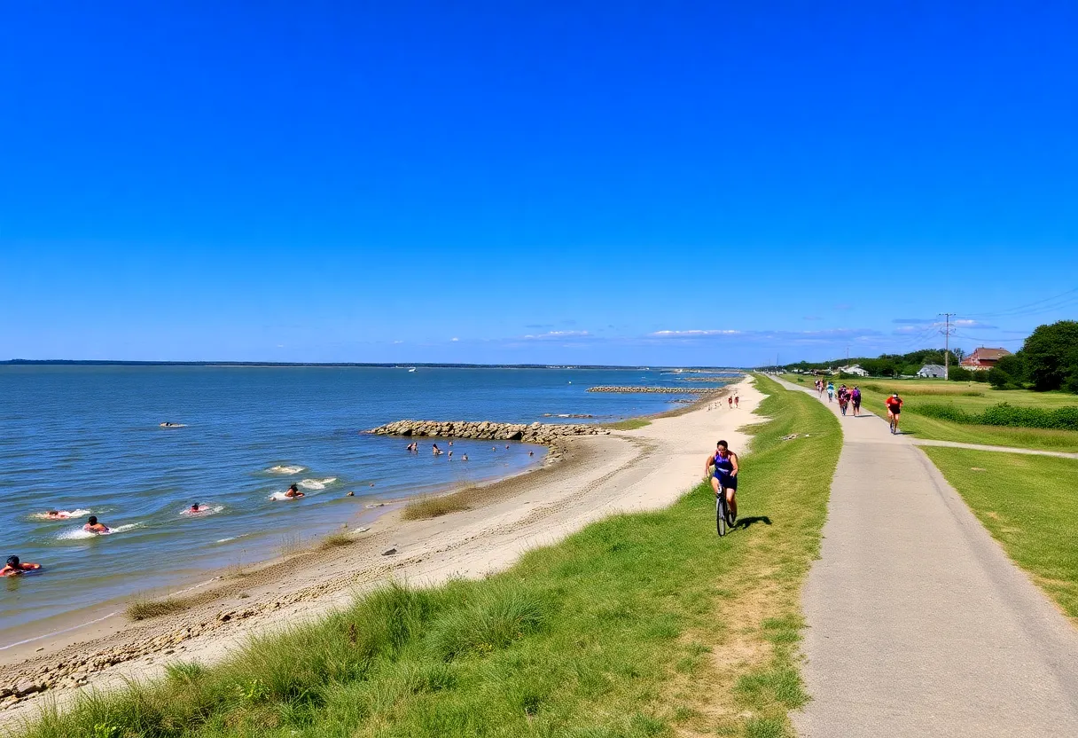 Participants competing in the James City County triathlons with scenic views.