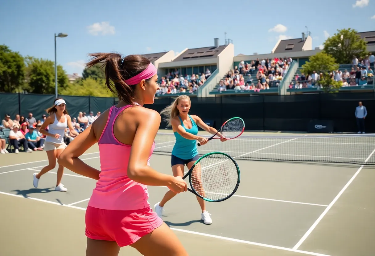 JMU women's tennis players in action during a match