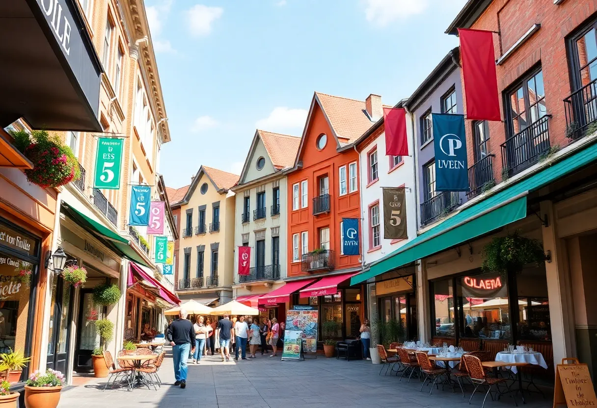 A busy day at Merchants Square with shoppers and diners enjoying various stores and eateries.