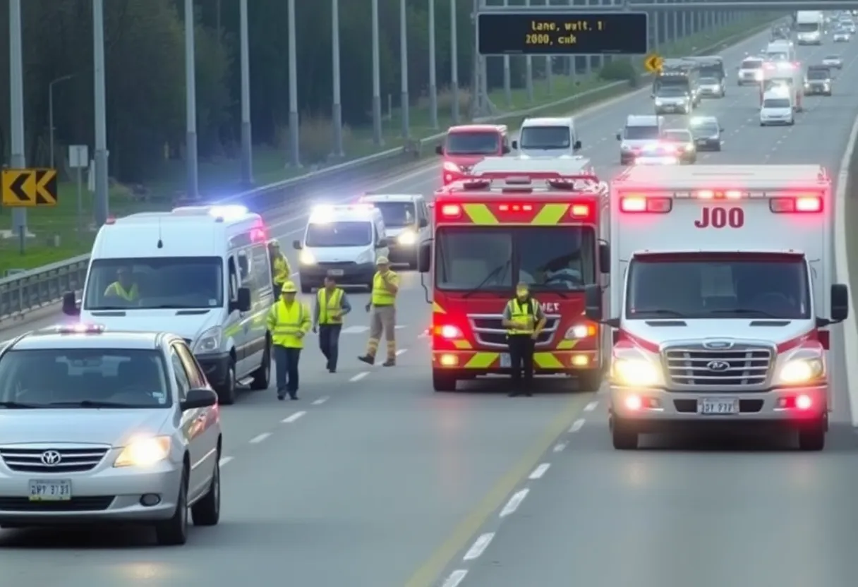 Emergency responders at a multi-vehicle crash site on I-64