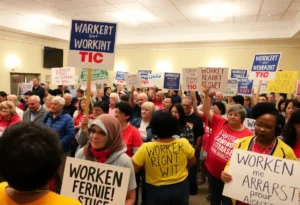 Crowd gathered at a union rally in Newport News advocating against worker protection cuts.