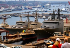 Newport News shipyard and a city council meeting discussing economic impacts
