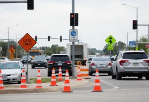 Traffic lane closures in Newport News with construction signs