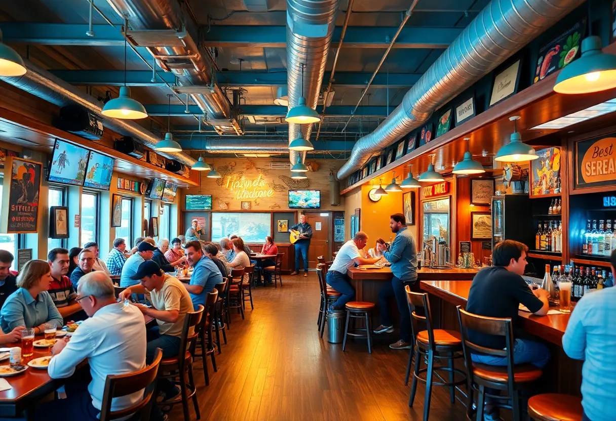 Interior of Oceans & Ale restaurant with happy diners