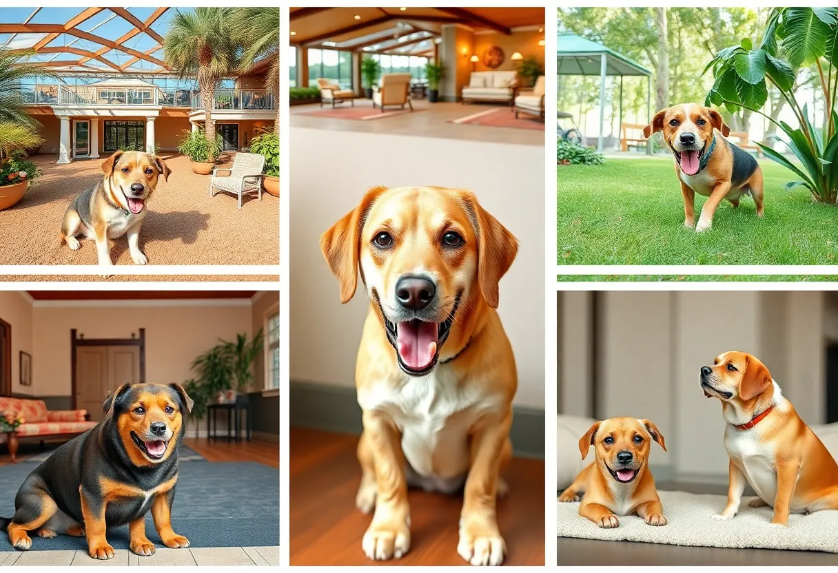 Happy pets enjoying services at various pet resort facilities.