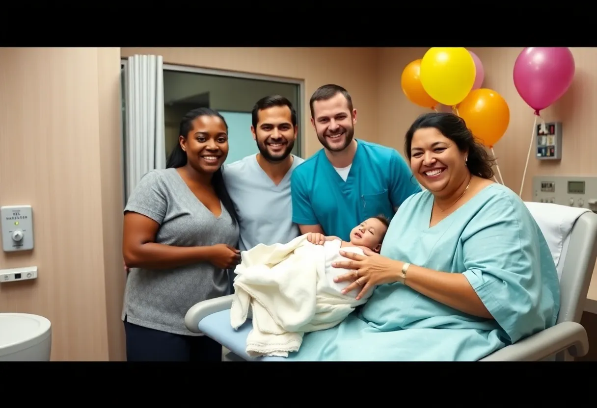 Family celebrating the birth of their record-breaking newborn at a hospital