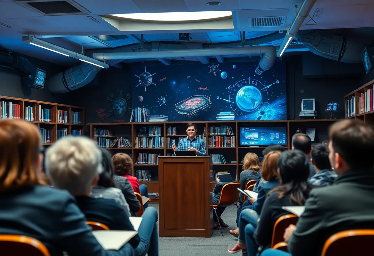 Audience attending a sci-fi novel presentation at a library