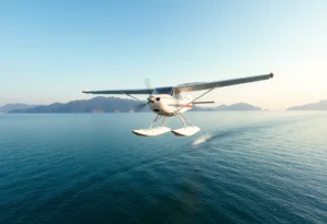 Seaplane flying over water in Yorktown