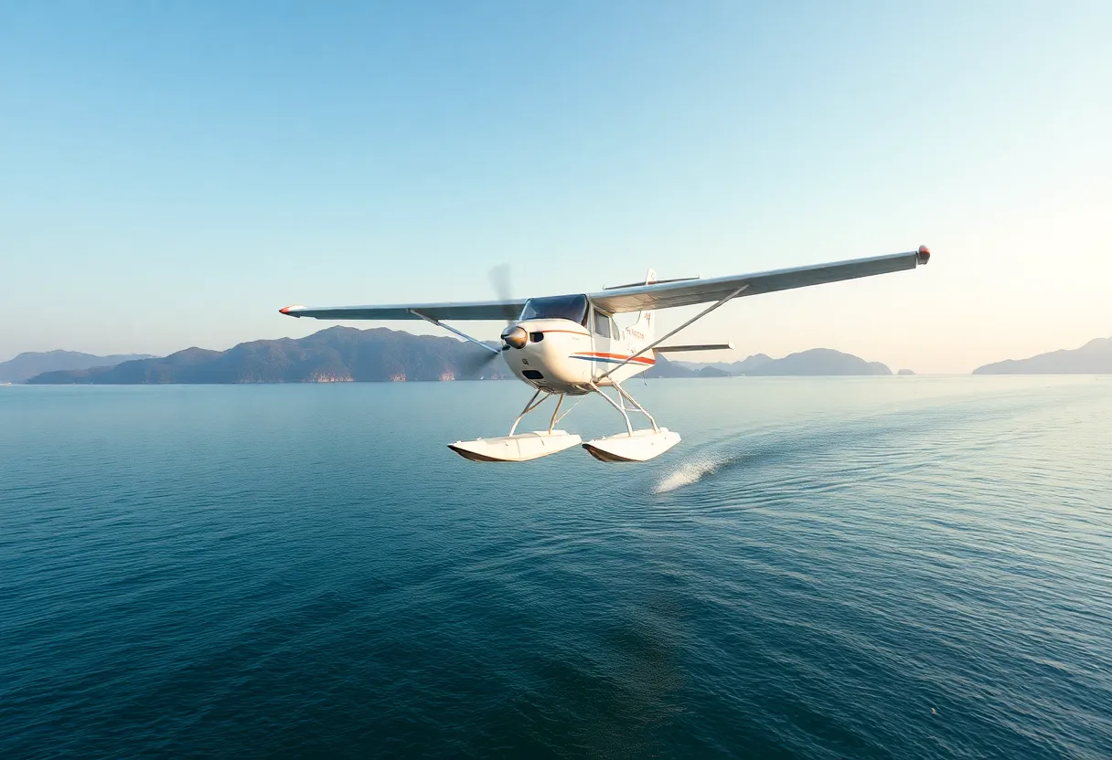 Seaplane flying over water in Yorktown