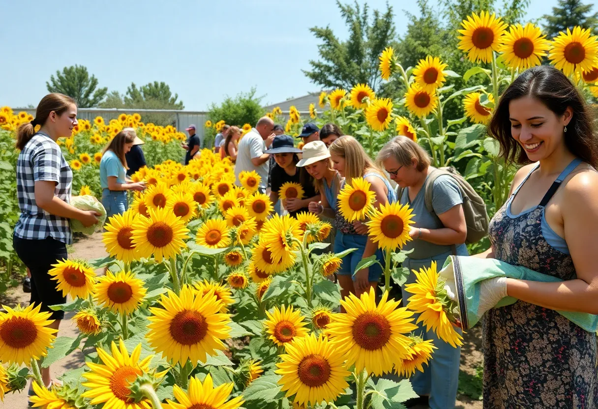 Community members picking sunflowers in a sunny garden.