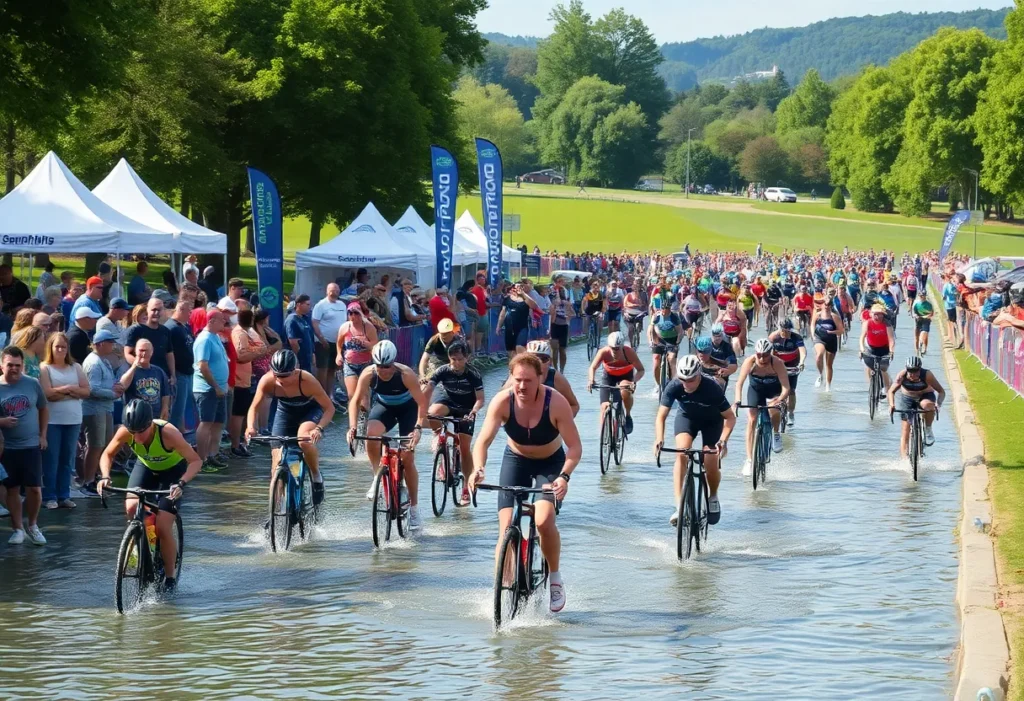 Athletes competing in swimming, cycling, and running during the Cal Tri Williamsburg at Jamestown Event Park.