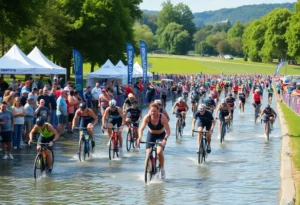 Athletes competing in swimming, cycling, and running during the Cal Tri Williamsburg at Jamestown Event Park.