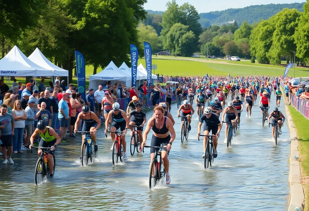 Athletes competing in swimming, cycling, and running during the Cal Tri Williamsburg at Jamestown Event Park.