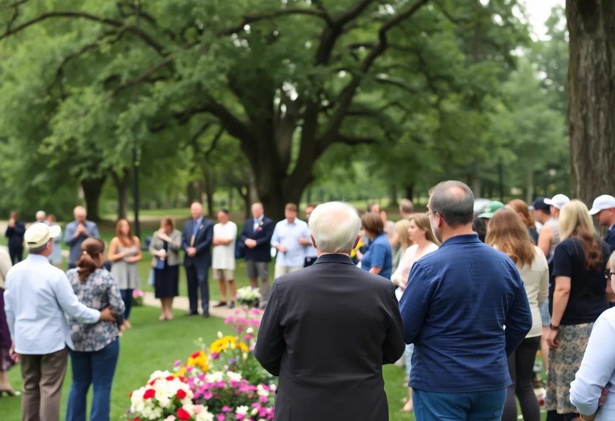 A gathering of friends and family in a park setting honoring Howard Kirk Mardis.