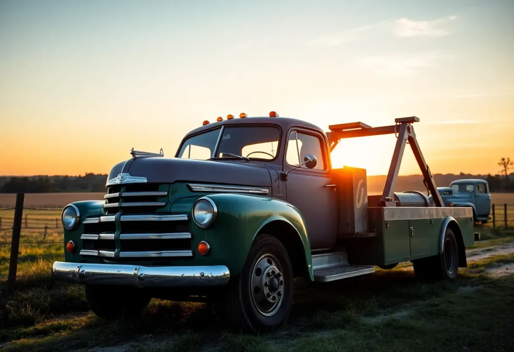 A vintage towing truck in the countryside during sunset.