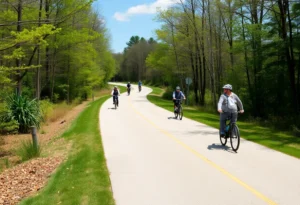 Scenic view of the Virginia Capital Trail with people enjoying outdoor activities.