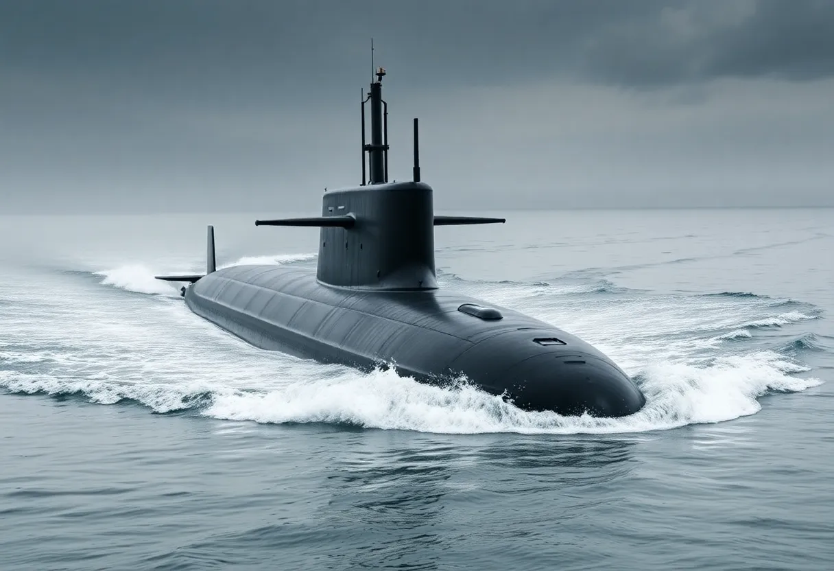 Virginia-class submarine Arkansas being launched in the James River.
