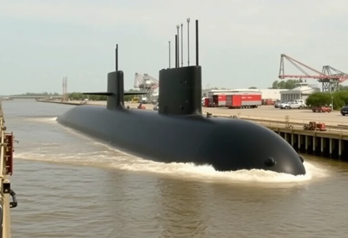 Virginia-class submarine Arkansas being launched into the James River