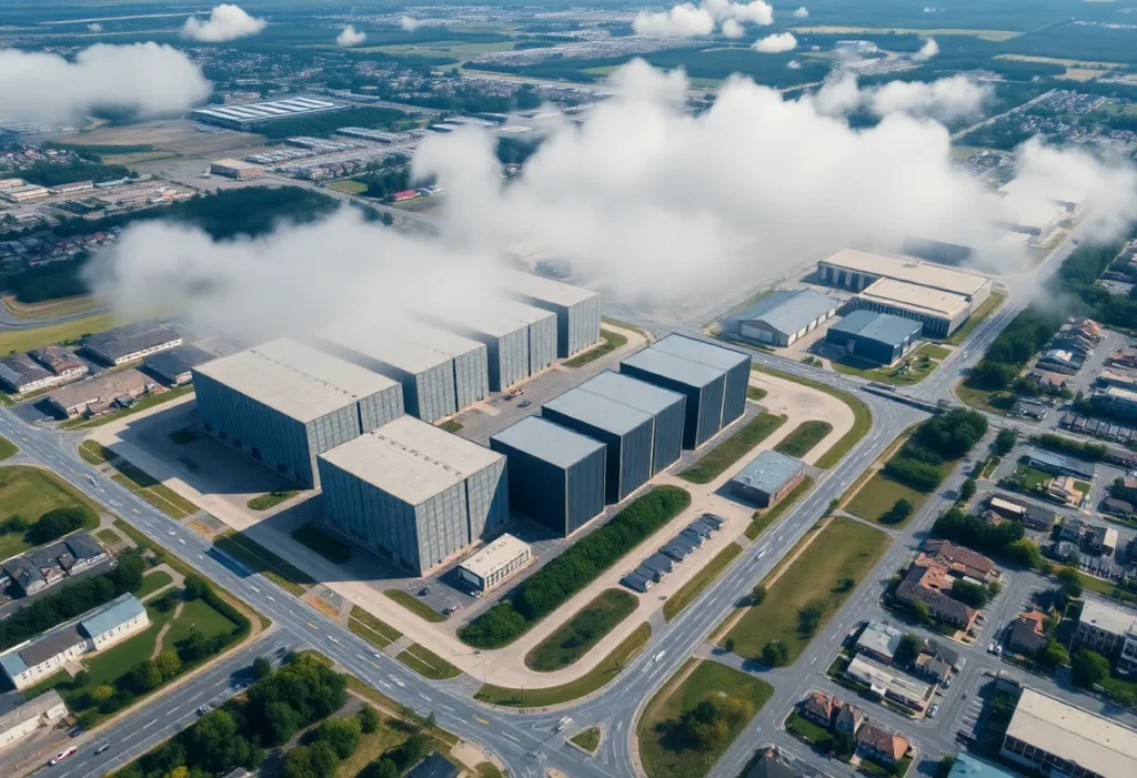 Aerial view of Virginia data centers surrounded by community infrastructure.