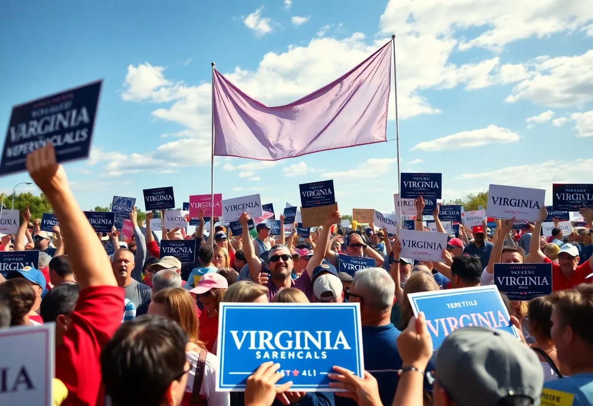 Political rally in Virginia showcasing diverse attendees and campaign banners.