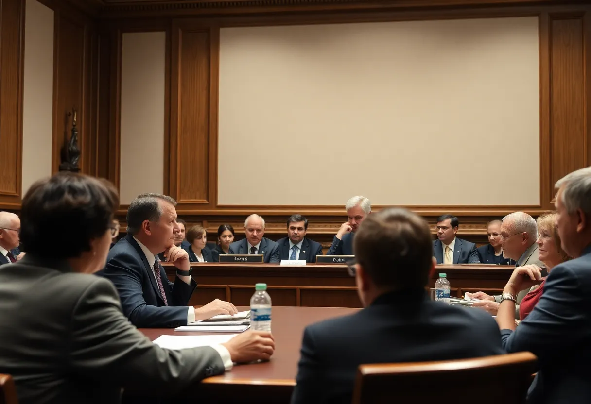 Diverse senators engaging in a discussion in a legislative meeting