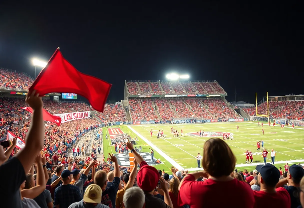 Crowd cheering at Lane Stadium during football game