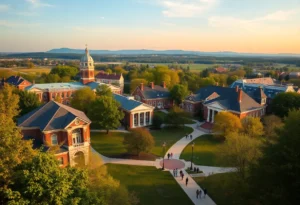 A beautiful Virginia college campus with students.