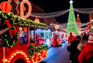 Participants in the Williamsburg Christmas Parade showcasing retro-themed floats and festive attire.