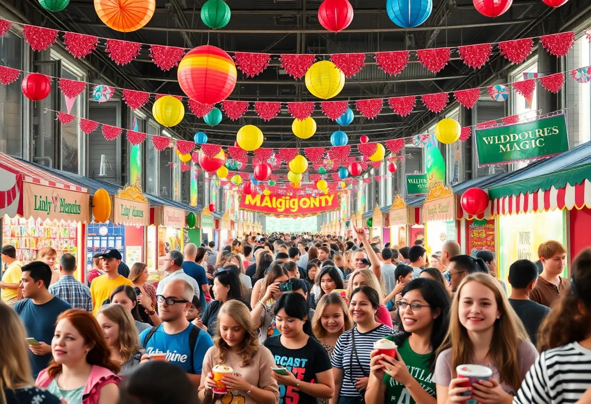 A lively festival scene celebrating Harry Potter's birthday with decorations and attendees in costumes