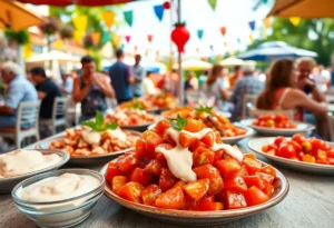 Colorful display of tomato and mayonnaise dishes at a summer food contest