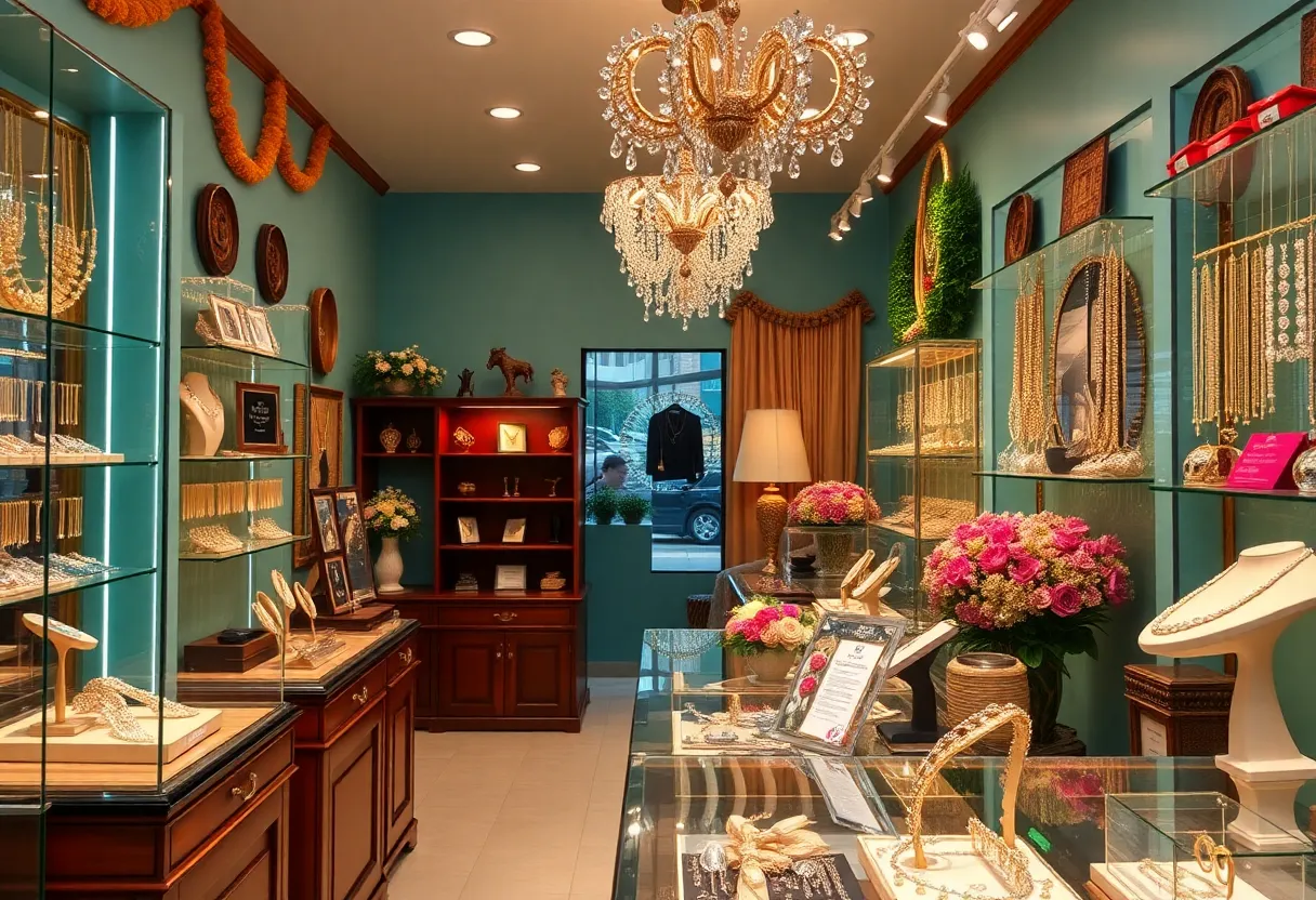 Decorative display at Williamsburg Jewelers for anniversary event