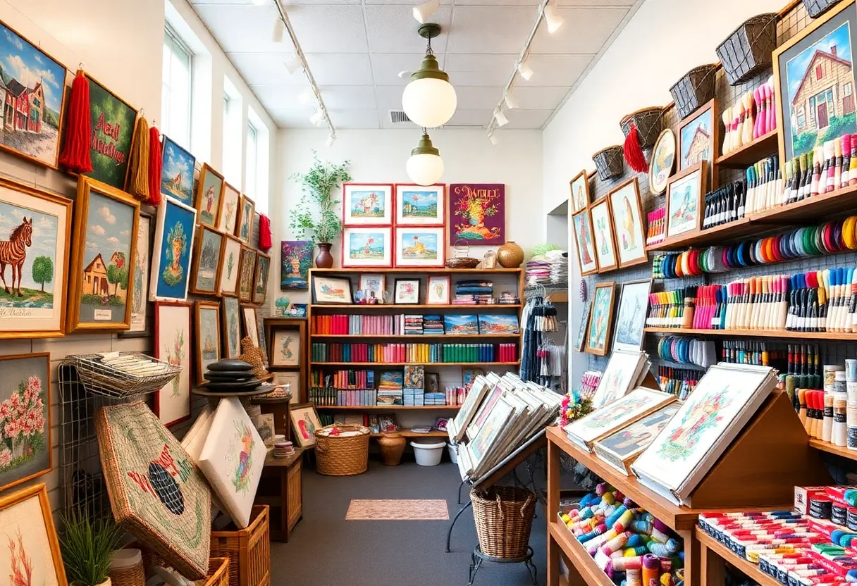 Colorful needlepoint supplies and canvases in a cheerful store setting