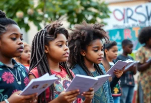 Youth participating in a poetry slam event in Williamsburg.