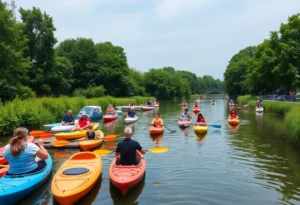 Families enjoying kayaking and paddleboarding at a local waterway in Williamsburg