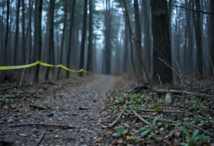 Wooded hunting trail representing a crime scene ambiance.