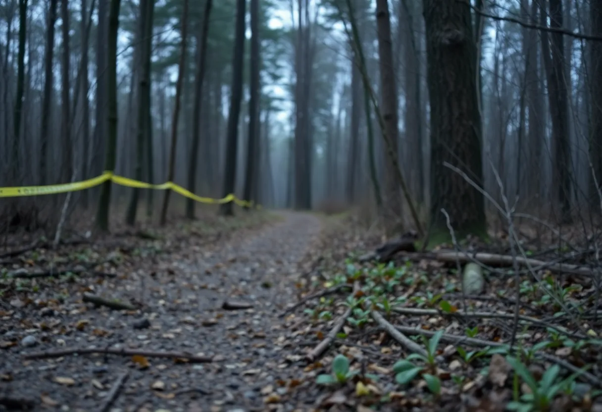 Wooded hunting trail representing a crime scene ambiance.