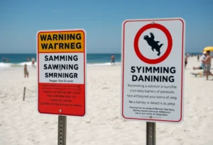 Warning signs at Yorktown Beach regarding swimming advisory due to bacteria levels