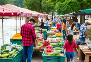 Families enjoying Yorktown Farmers Market with fresh produce and local vendors.