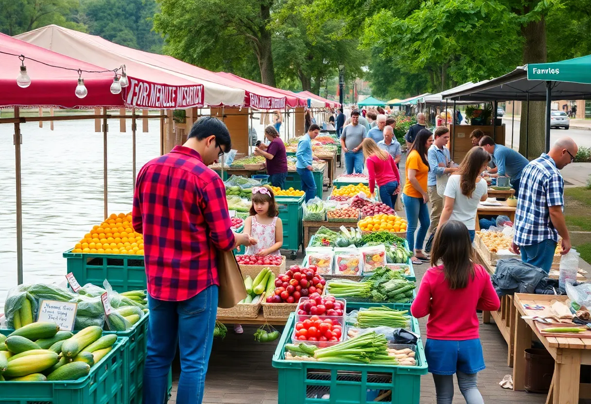 Families enjoying Yorktown Farmers Market with fresh produce and local vendors.