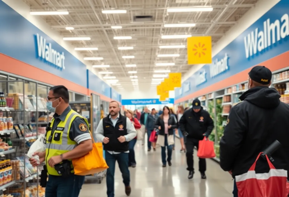 Walmart store exterior with shoppers and security personnel.