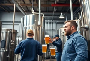 Workers in a brewery facility creating beer with modern equipment.