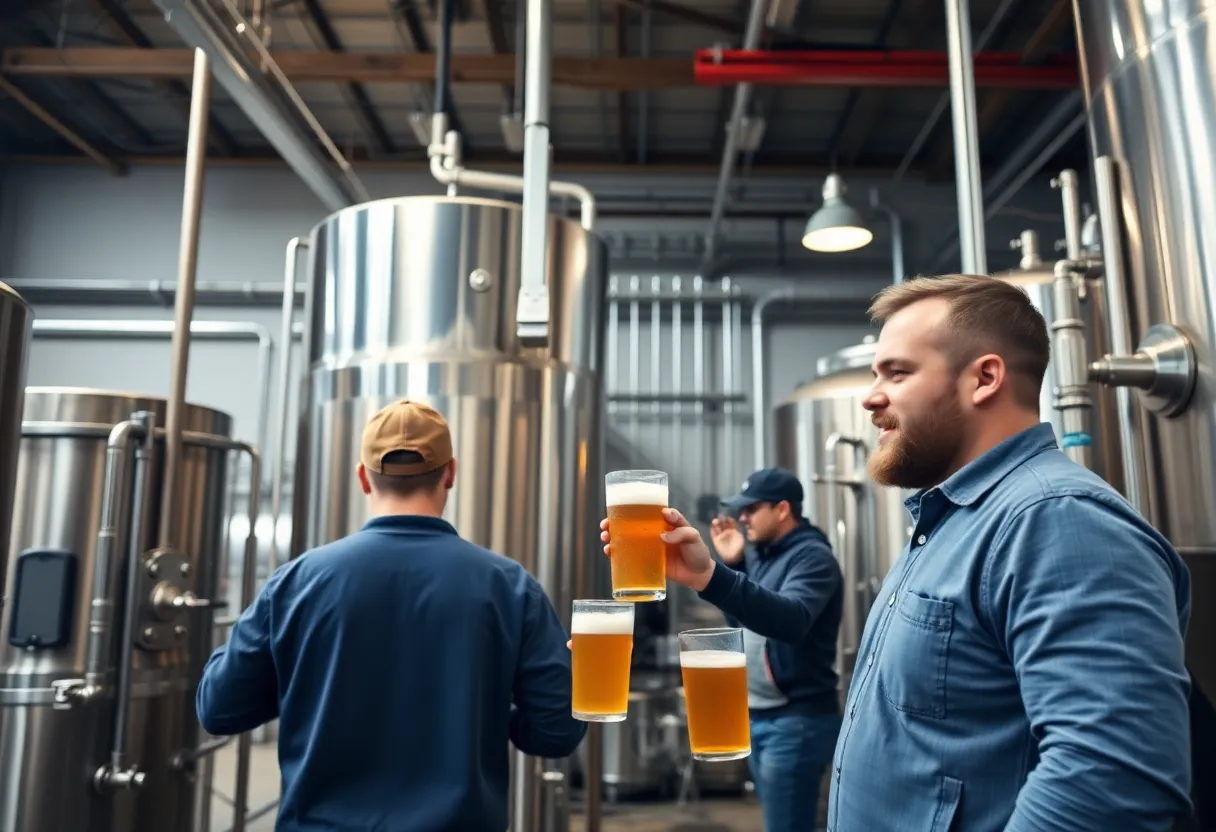 Workers in a brewery facility creating beer with modern equipment.